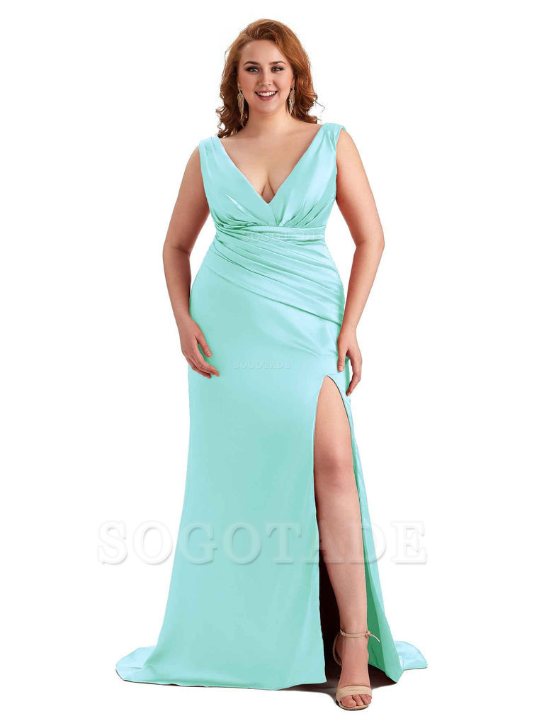Elegant V-neck Side Slit Mermaid Soft Satin Long Plus Size Bridesmaid Dress For Wedding