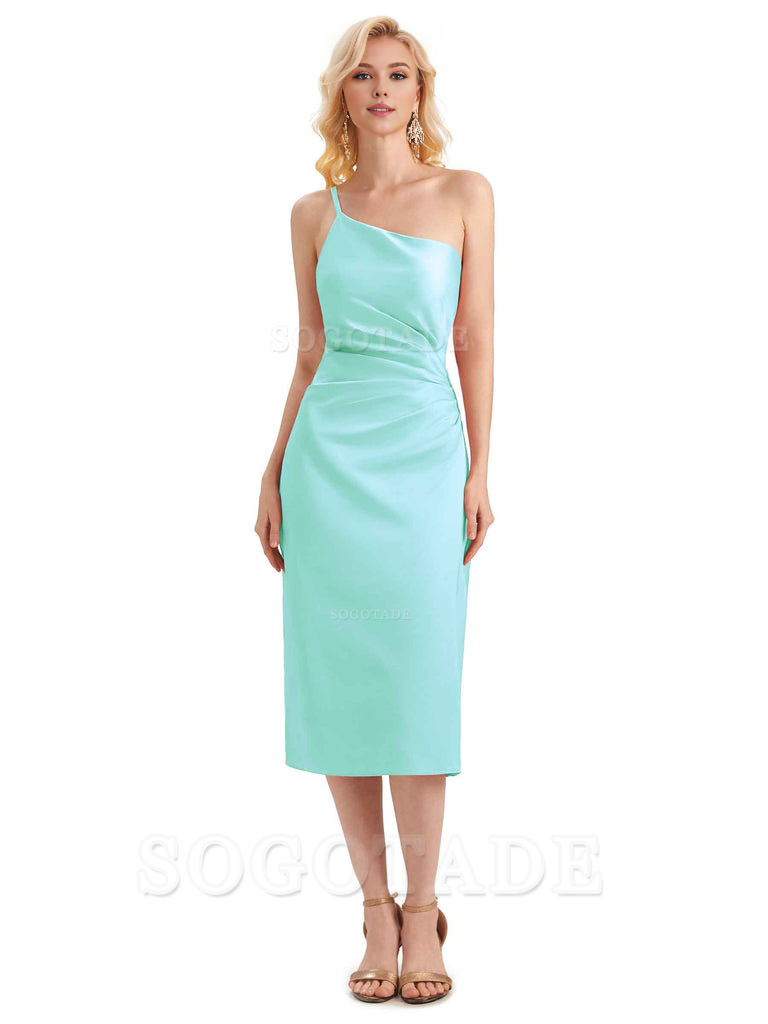 Sexy Soft Satin Side Slit One Shoulder Satin Midi Bridesmaid Dresses Online