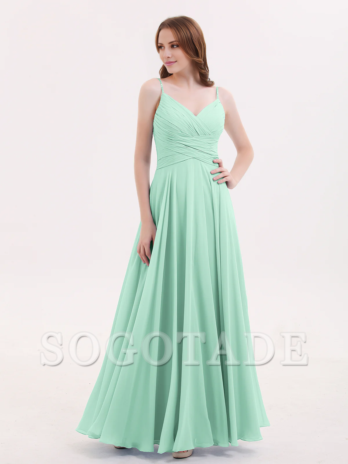 V-neck Fine Shoulder Strap Floor Length Chiffon Bridesmaid Dresses Online