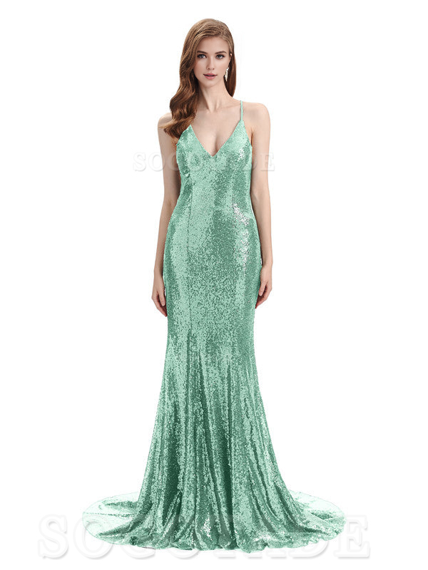 Deep V Neck Sexy Spaghetti Strap Backless Sequins Floor-Length Bridesmaid Dresses Bridesmaid Dresses Formal Women's Dresses Wedding Guest Dresses