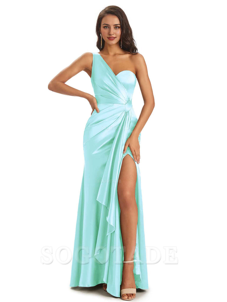 Elegant Soft Satin Side Slit One Shoulder Unique Mermaid Bridesmaid Dresses Online prom dresses shops