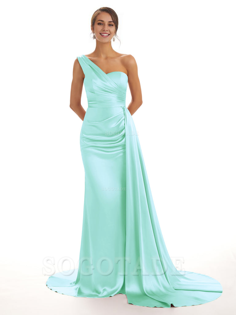 Elegant One Shoulder Soft Satin Unique Mermaid Long Bridesmaid Dresses Online prom dresses shops