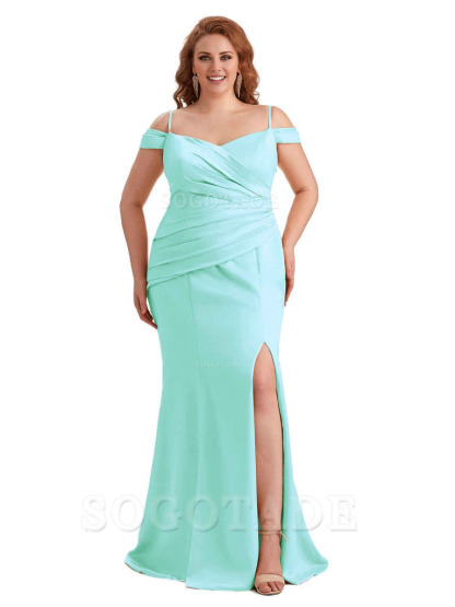 Elegant Cold Shoulder Side Slit Mermaid Soft Satin Long Plus Size Bridesmaid Gowns