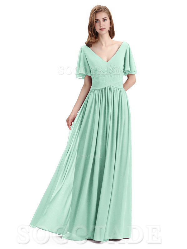 A-Line Chiffon Short Sleeves Elegant Floor-Length Bridesmaid Dresses Formal Women's Dresses Wedding Guests Dresses