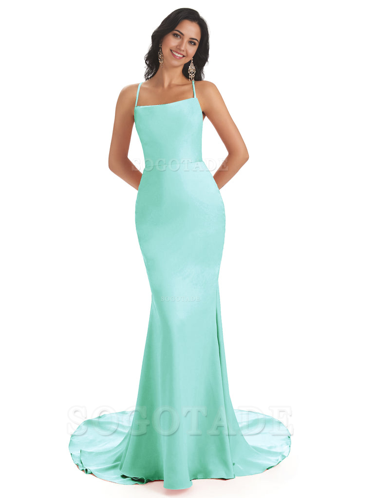 Mermaid Spaghetti Backless Straps Satin Long formal dresses evening gown Bridesmaid Dresses
