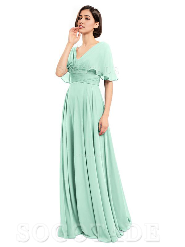  V-Neck Cap Sleeves Sleeves Chiffon Long Elegant Bridesmaid Dresses Formal Wear Dresses