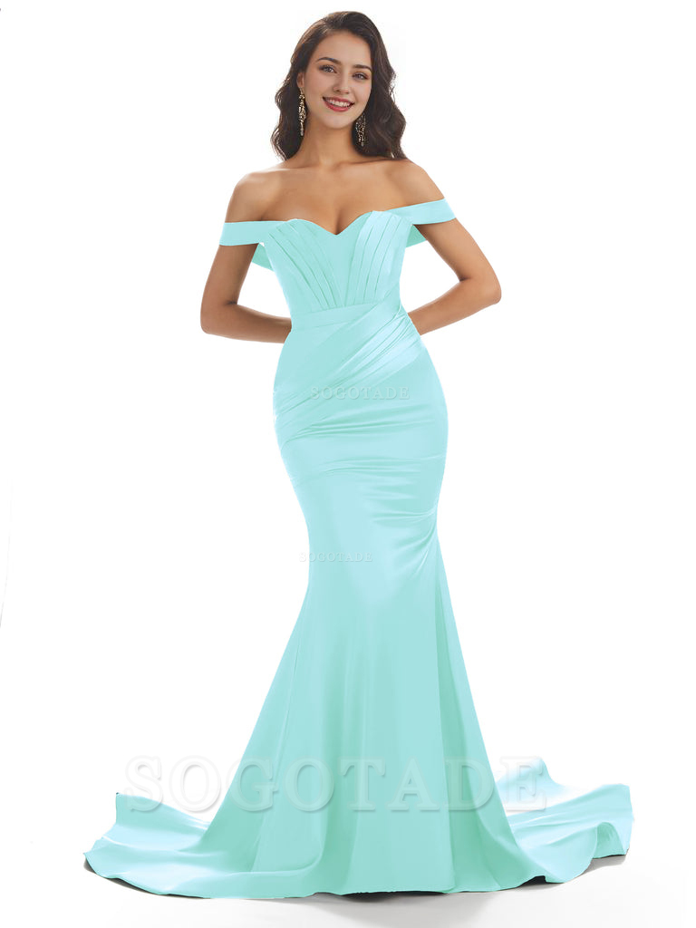 Sexy Mermaid Off The Shoulder Floor-Length Long Soft Satin Bridesmaid Dresses Online prom shop dresses