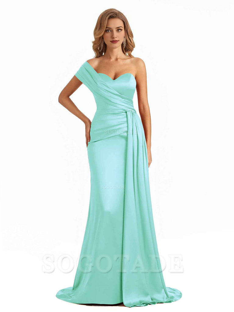 Elegant One Shoulder Soft Satin Long Mermaid Bridesmaid Dresses Online prom shop dresses ﻿