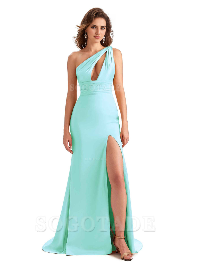 Charming Sexy Unique Side Slit Mermaid Silky One Shoulder Long Bridesmaid Dresses Formal Women's Dresses Wedding Guests Dresses