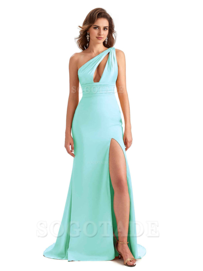 Charming Sexy Unique Side Slit Mermaid Silky One Shoulder Long Bridesmaid Dresses Formal Women's Dresses Wedding Guests Dresses