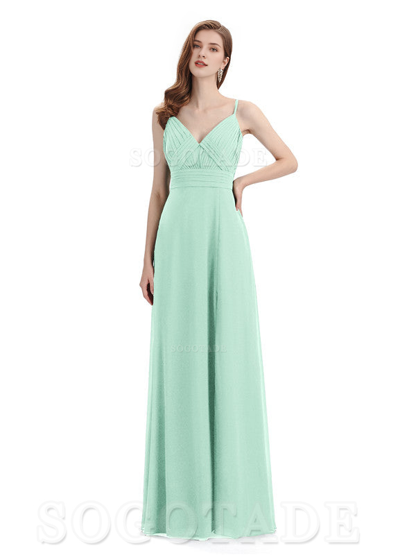 Chiffon V-Neck Spaghetti Strap Floor-Length Side Fork Long Bridesmaid Dresses Formal Women's Dresses Wedding Guests Dresses