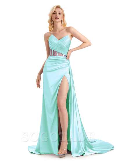 Sexy Soft Satin Side Slit See Through Floor-Length Long Mermaid Bridesmaid Dresses prom shop dresses