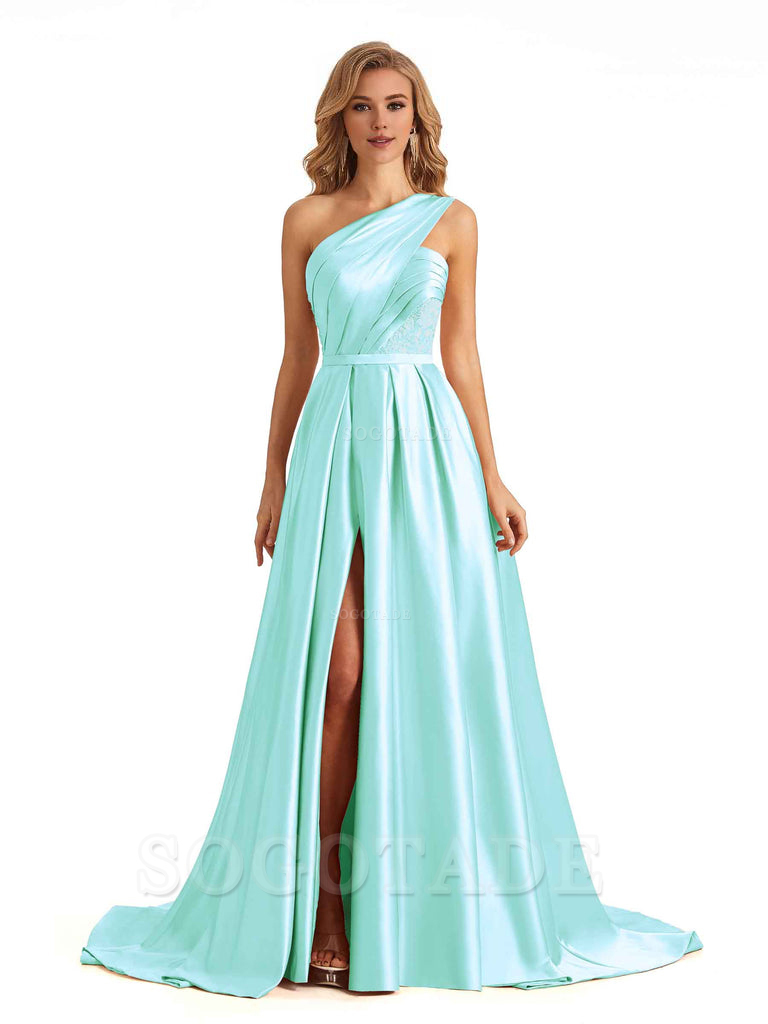 Sexy Side Slit One Shoulder A-Line Soft Satin Long Bridesmaid Dresses Online prom dress in store