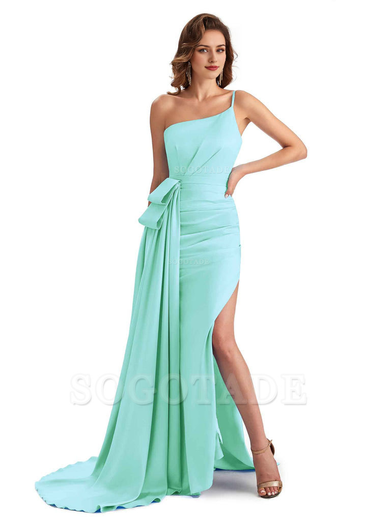 Sexy Side Slit Mermaid Silky Satin One Shoulder Modern Maxi Bridesmaid Dresses