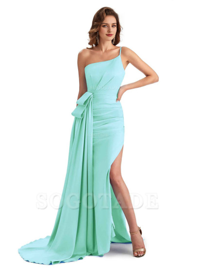 Sexy Side Slit Mermaid Silky Satin One Shoulder Modern Maxi Bridesmaid Dresses