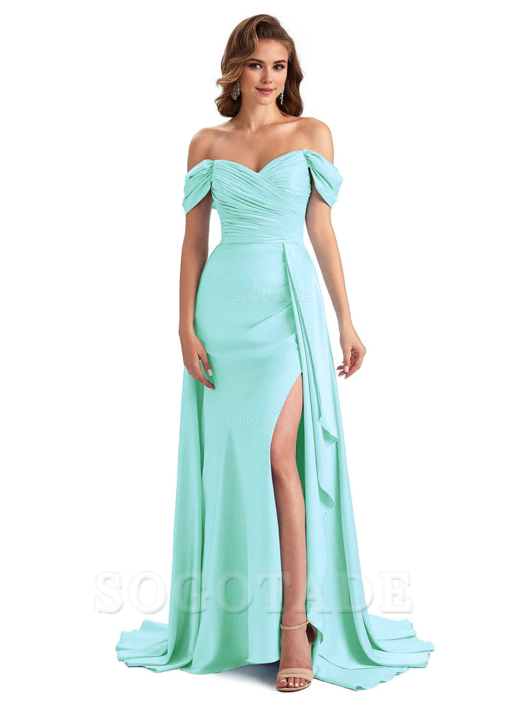 Sexy Side Slit Mermaid Soft Satin Off The Shoulder Long Unique Bridesmaid Dresses prom dress in store