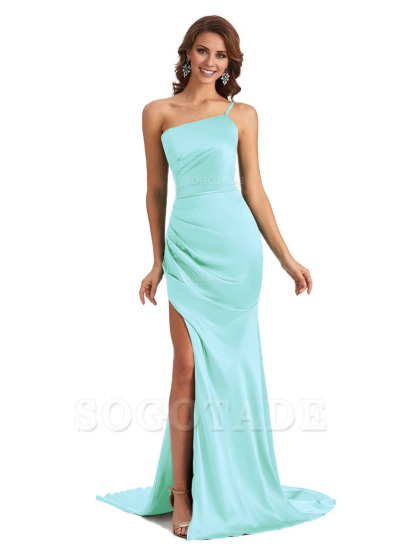 Sexy Silky Satin Side Slit One Shoulder Unique Long Wedding Guest Maxi Dresses