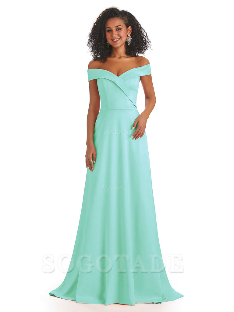 Soft Satin Off The Shoulder Long A-Line African Bridesmaid Dresses prom dress stores ﻿