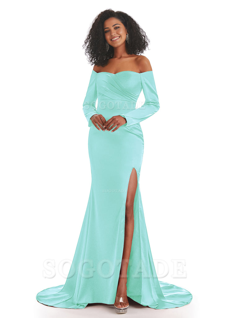 Mermaid Long Sleeve Satin formal dresses evening gown Bridesmaid Dresses With Side Slit 