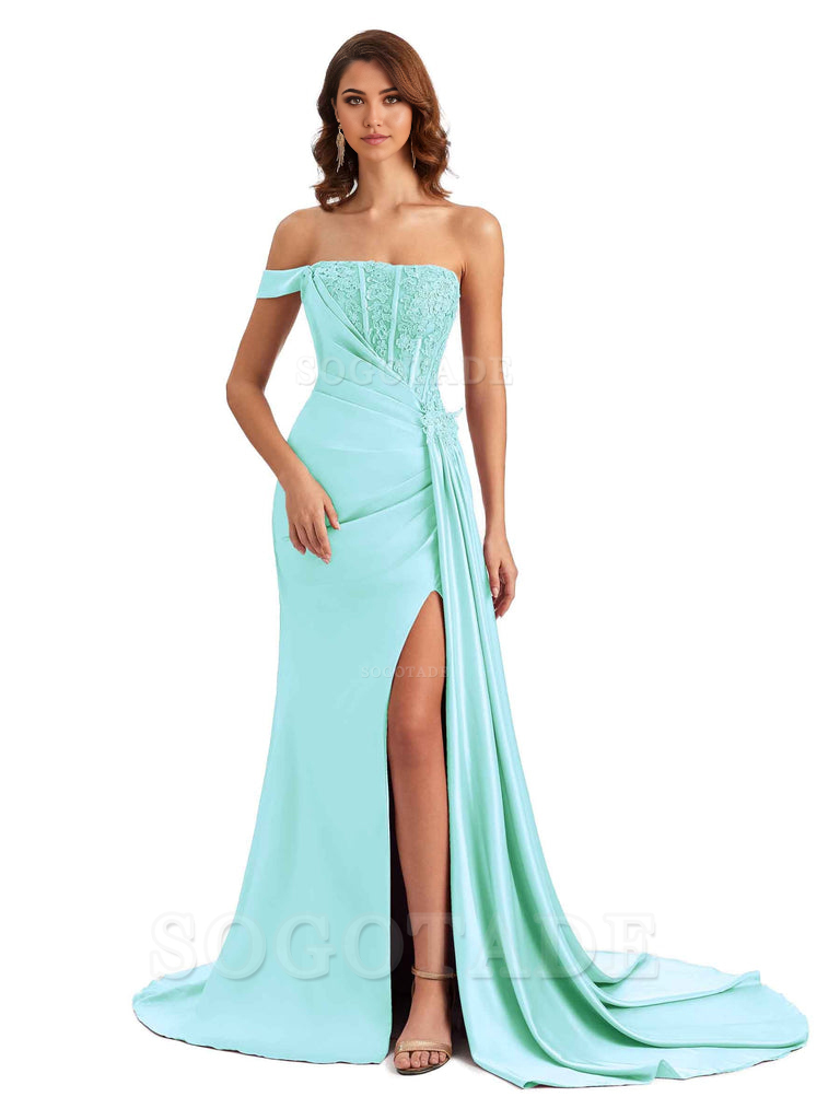 Mermaid Off Shoulder Applique formal dresses evening gown Bridesmaid Dresses With Side Slit 