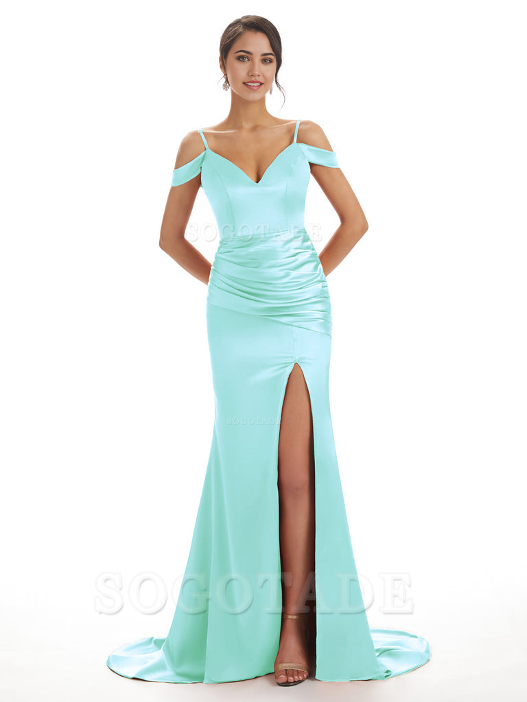 Mermaid Off The Shoulder Satin formal dresses evening gown Bridesmaid Dresses With Side Slit 