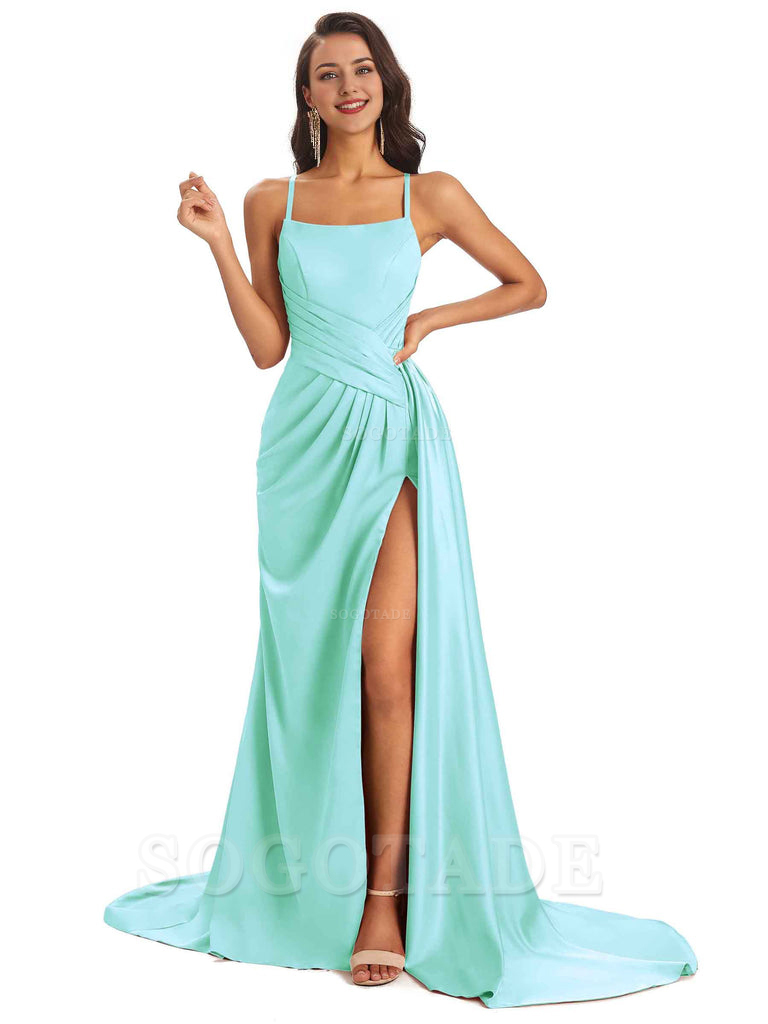 Sexy Soft Satin Side Slit Spaghetti Straps Long Maxi Bridesmaid Dresses prom shop dresses