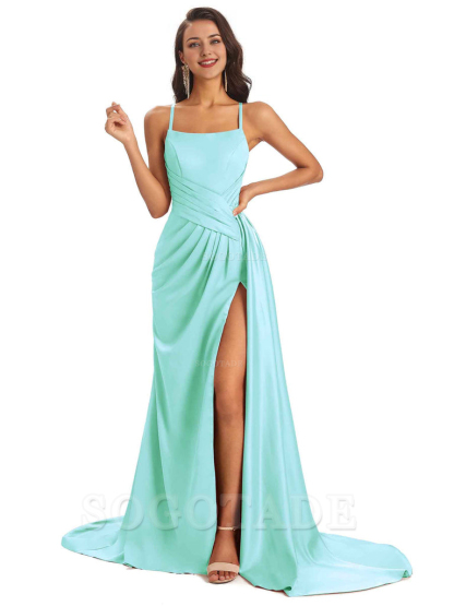 Sexy Soft Satin Side Slit Spaghetti Straps Long Maxi Bridesmaid Dresses prom shop dresses