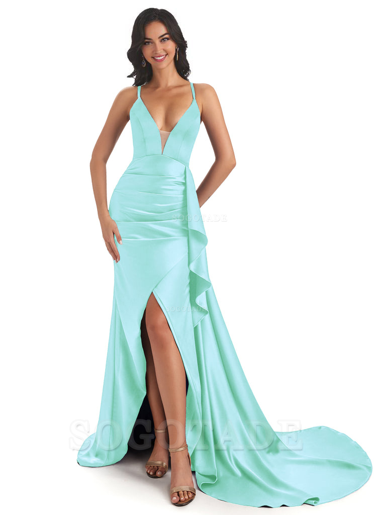 Sexy Spaghetti Straps Soft Satin Side Slit Pleats Unique Mermaid Bridesmaid Dresses prom shop dresses ﻿