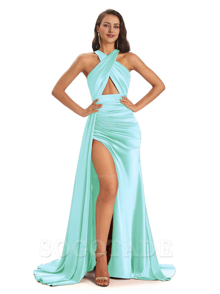 Sexy Soft Satin Halter Side Slit Floor-Length Maxi Mermaid Bridesmaid Dresses Online prom dress shop ﻿