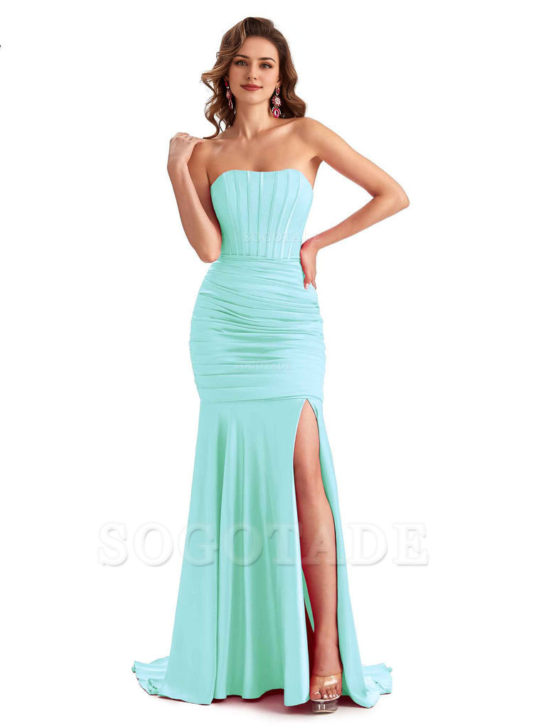 Sexy Strapless Side Slit Mermaid Silky Satin Formal Bridesmaid Dresses