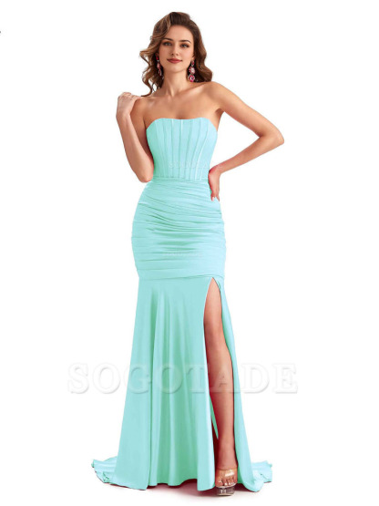 Sexy Strapless Side Slit Mermaid Silky Satin Formal Bridesmaid Dresses