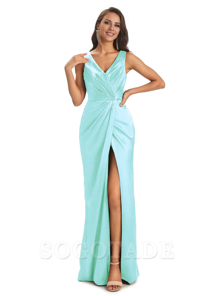 V-Neck Unique Long Satin Bridesmaid Dresses with Front Slit