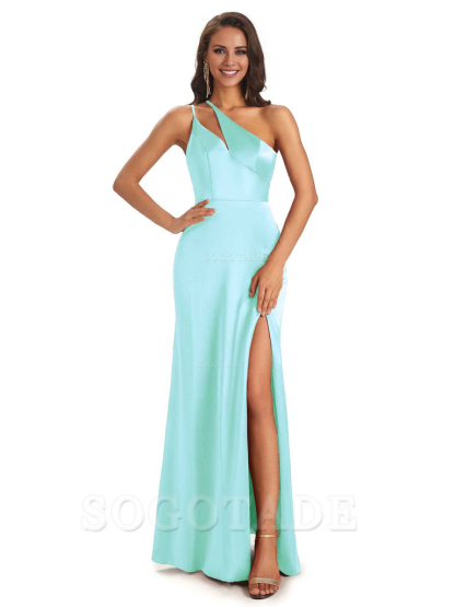 Sexy Soft Satin Side Slit One Shoulder Floor-Length Mermaid Long Bridesmaid Dresses Elegant Evening Party Dress