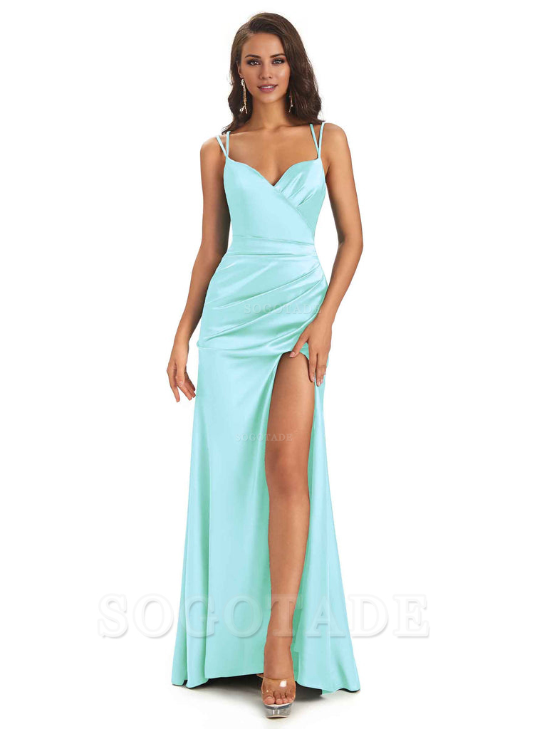 Sexy Soft Satin Side Slit Spaghetti Straps Long Maxi Mermaid Bridesmaid Dresses Elegant Evening Party Dress