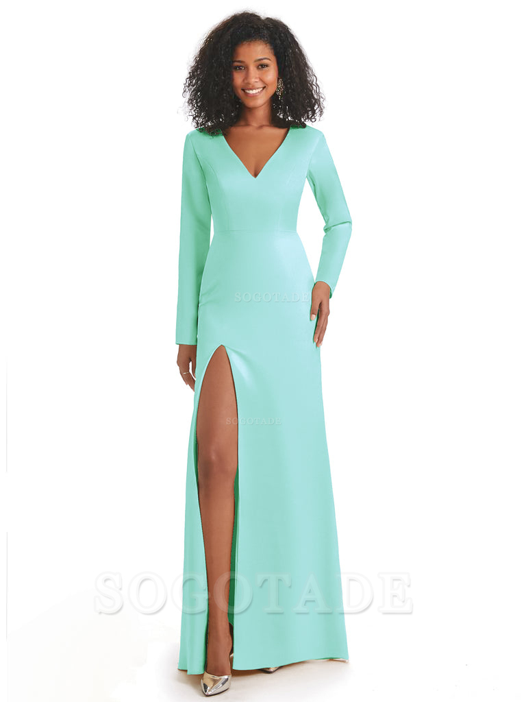 Soft Satin Side Slit Long Sleeves V-Neck Long African Mermaid Bridesmaid Dresses Elegant Evening Party Dress