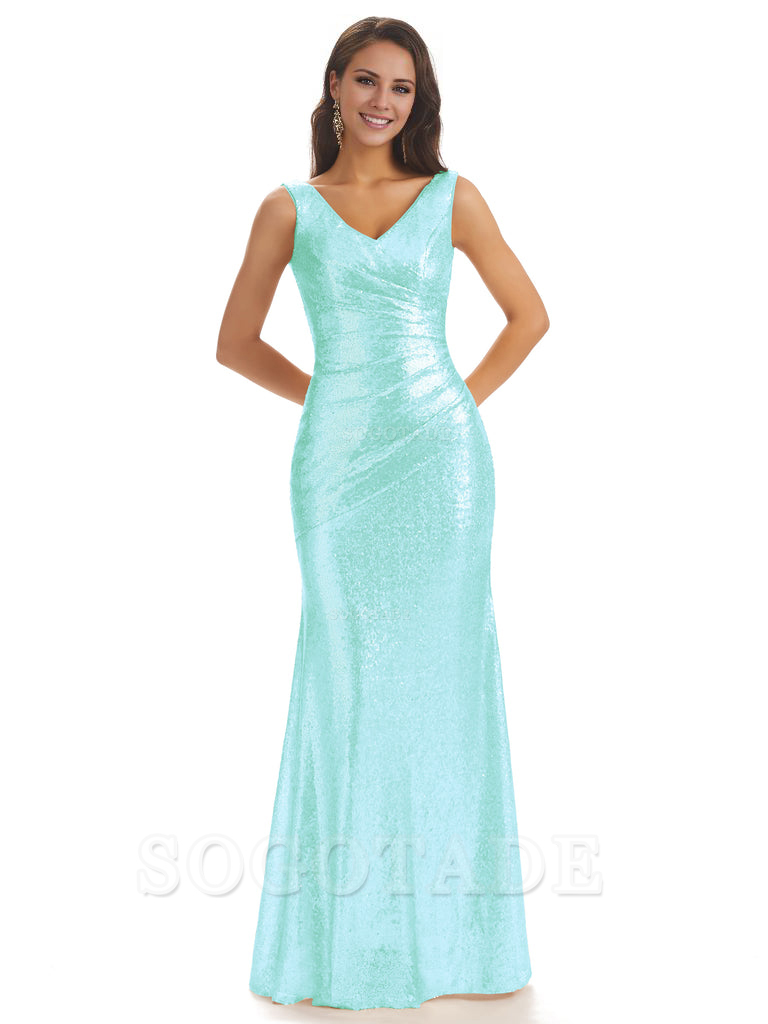 Sexy Sequin V-Neck Sparkly Long Mermaid Bridesmaid Dresses Charming Evening Party Dress