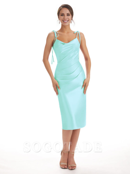 Tea Length Midi Short Bridesmaid Dresses Spaghetti Straps Satin Elegant Evening Party Dress