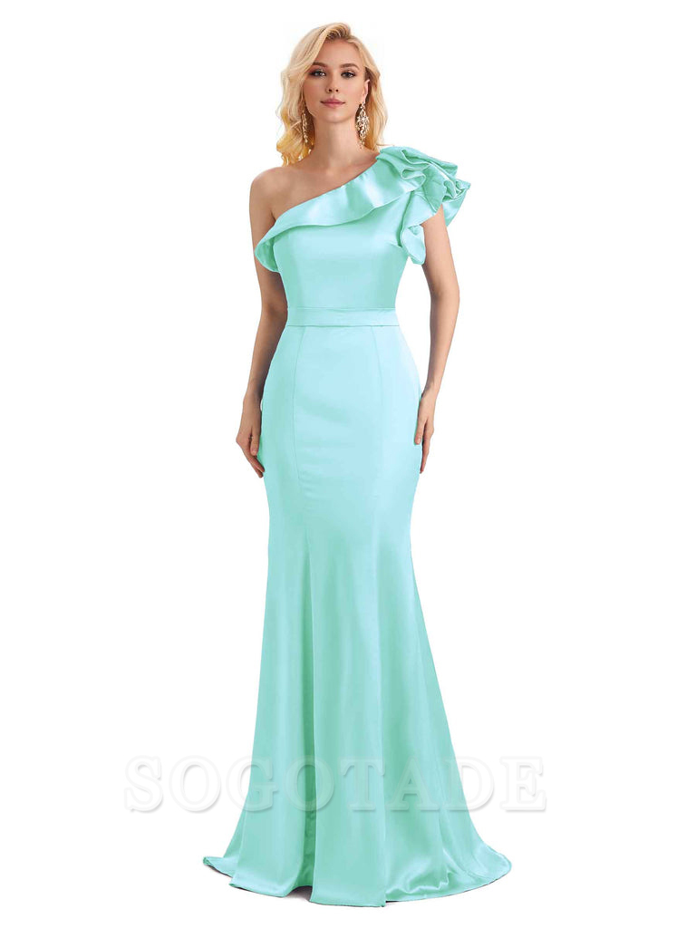 One Shoulder Long Mermaid Bridesmaid Dresses Soft Satin Charming Evening Party Dress