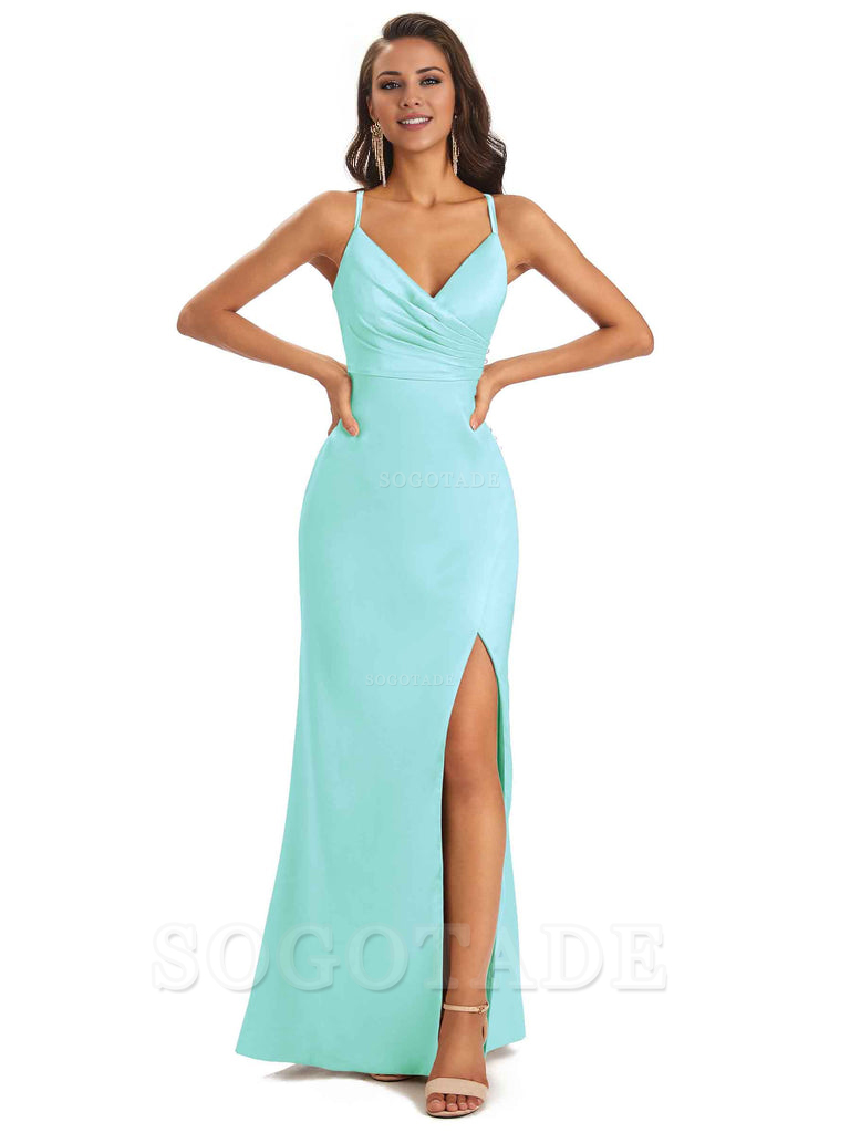 Soft Satin Side Slit Spaghetti Straps Long Unique Mermaid Bridesmaid Dresses Elegant Evening Party Dress