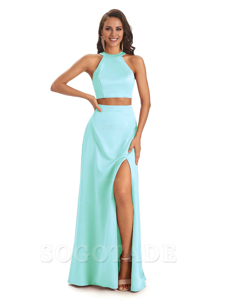 Soft Satin Two-Pieces Halter Side Slit Sexy Fashion Bridesmaid Dresses Charming Evening Party Dress