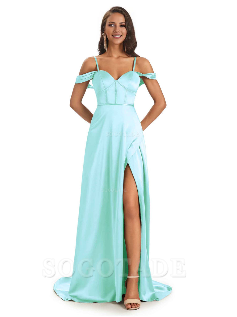 Stylish Soft Satin Side Slit Spaghetti Straps Bridesmaid Dresses Elegant Evening Party Dress