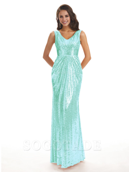 Sparkly V-Neck Sequin Long Mermaid Bridesmaid Dresses Sleeveless Charming Evening Party Dress