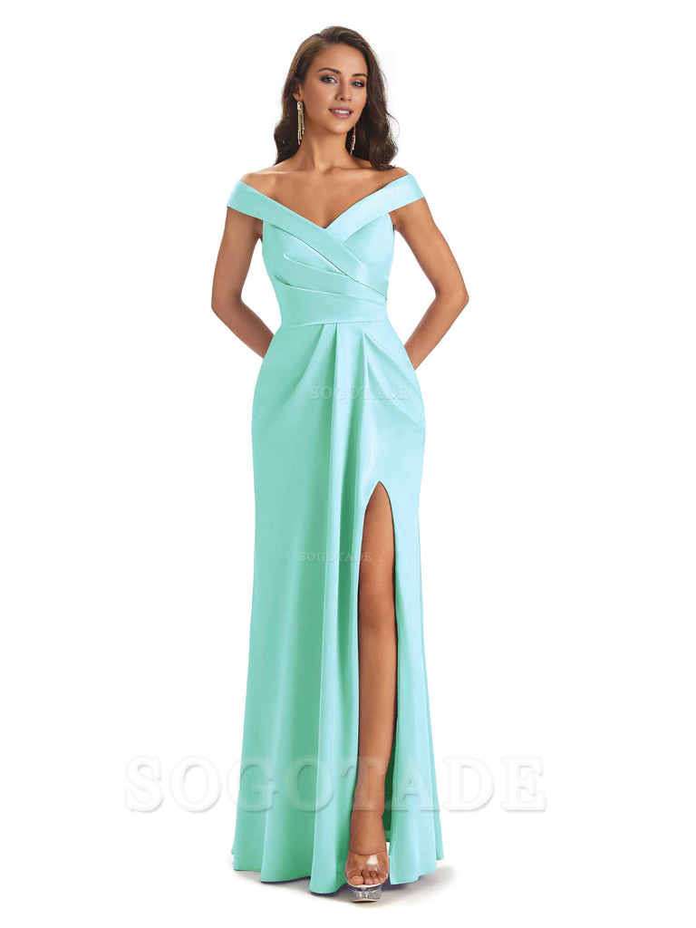 Sexy Soft Side Slit Off Shoulder V-Neck Long Satin Ladies Bridesmaid Dresses Elegant Evening Party Dress