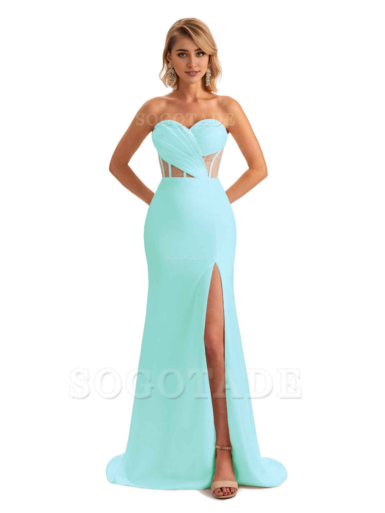 Sexy Sweetheart Strapless Side Slit Mermaid Soft Satin Unique Long Bridesmaid Dress For Wedding