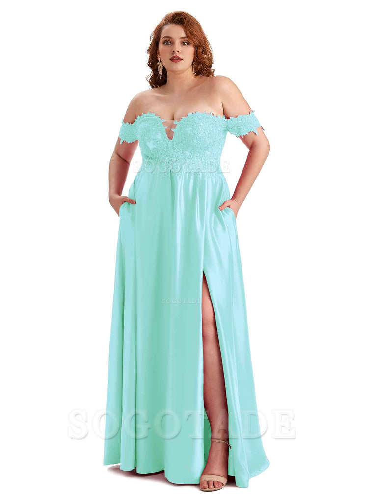 Off Shoulder Side Slit Lace Soft Satin Long Plus Size Bridesmaid Dresses For Wedding