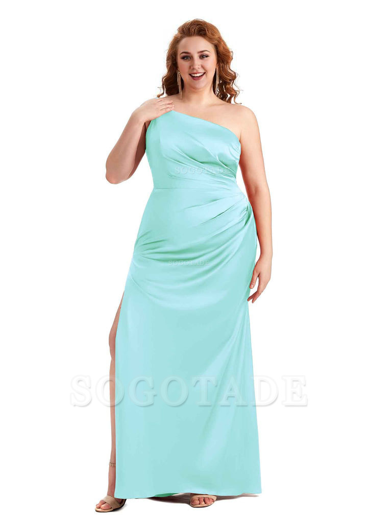 Sexy Side Slit One Shoulder Mermaid Soft Satin Long Plus Size Maid of Honour Dresses