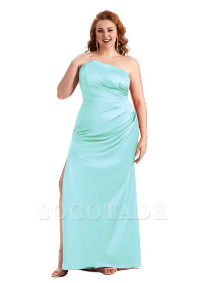 Sexy Side Slit One Shoulder Mermaid Soft Satin Long Plus Size Maid of Honour Dresses