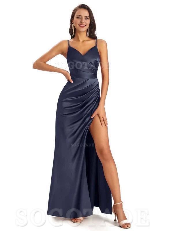 Mismatched Dark-Navy Sexy Side Slit Mermaid Soft Satin Long Bridesmaid Dresses Online