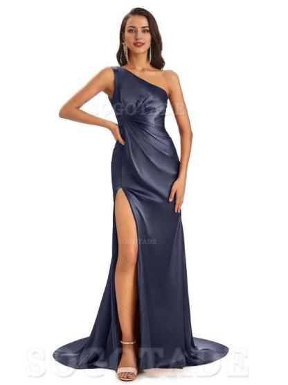Mismatched Dark-Navy Sexy Side Slit Mermaid Soft Satin Long Bridesmaid Dresses Online