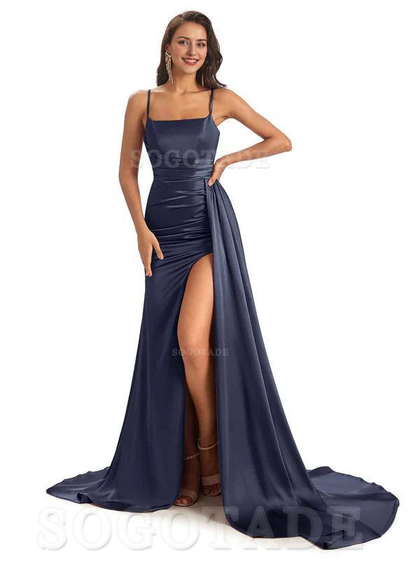 Mismatched Dark-Navy Sexy Side Slit Mermaid Soft Satin Long Bridesmaid Dresses Online